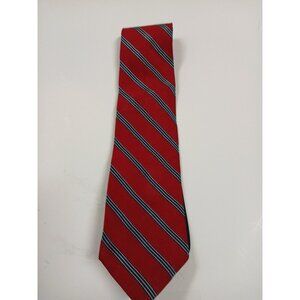 Tommy Hilfiger Bright Red‎ Tie W/ Navy & Light Blue Stripes 100% Silk